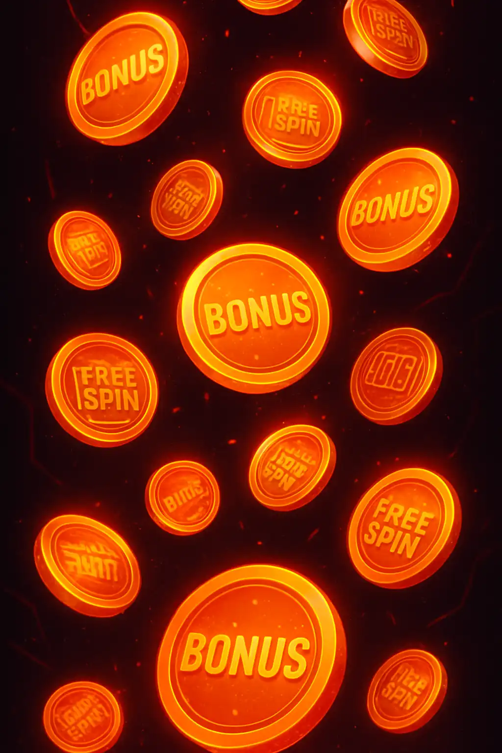 Leuchtend rote Bonus-Münzen und Freispiel-Symbole vor schwarzem Casino-Hintergrund